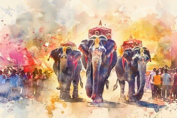 A group of elephants walking down a street. Perfect for animal lovers and urban themes