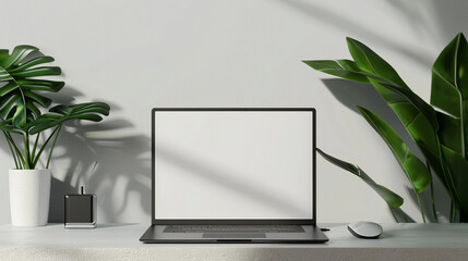 3D rendering of a laptop mockup with a blank screen, with a plant and mouse isolated over the background, in the style of various artists. -