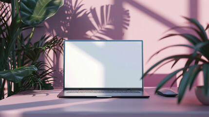 3D rendering of a laptop mockup with a blank screen, with a plant and mouse isolated over the background, in the style of various artists. -