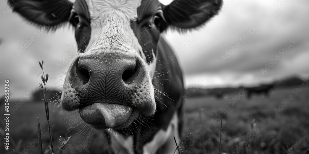 Poster Black and white image of a cow, suitable for various design projects