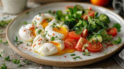 Plate of food with poached eggs, tomatoes, broccoli, lettuce on table