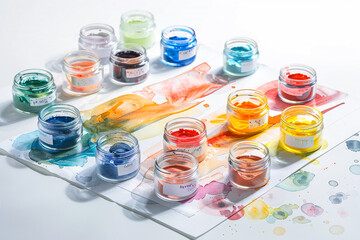 A variety of watercolor gouache blends, each in a separate jar, displayed on a white canvas.