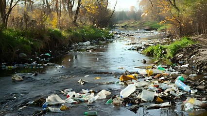 Impact of improper waste disposal highlighted by polluted river full of plastic. Concept Environmental Issues, Water Pollution, Plastic Pollution, Improper Waste Disposal, Impact on Ecosystem