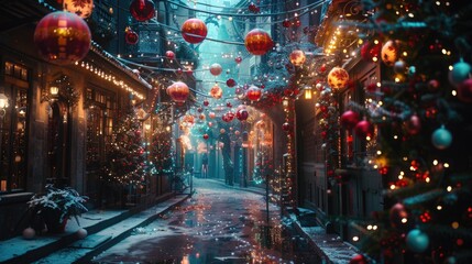 A charming alley adorned with sparkling Christmas lights. Perfect for holiday-themed projects