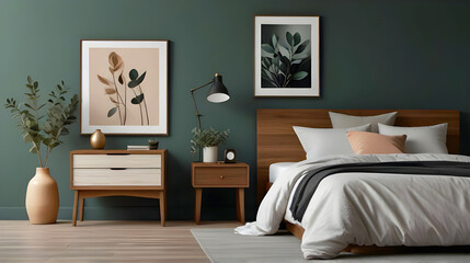 Stylish composition of modern bedroom interior. Mock up poster frame, wooden night table, bed, folding screen and creative personal accessories. Eucalyptus wall. Template. Copy space. 