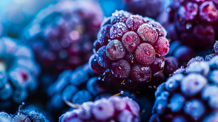 Macro photo of frozen berries in blue light, healthy fresh raw smoothie ingredient, summer refreshment