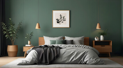 Stylish composition of modern bedroom interior. Mock up poster frame, wooden night table, bed, folding screen and creative personal accessories. Eucalyptus wall. Template. Copy space. 