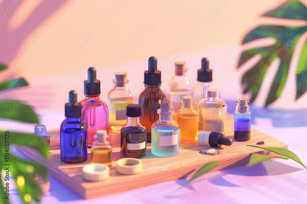 Poster bottles of various essential oils on a wooden tray, ideal for aromatherapy and spa concepts