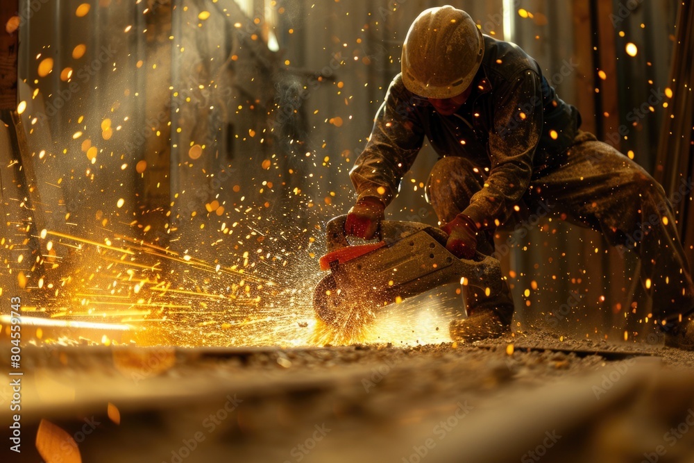 Poster A man cutting a piece of metal with a chainsaw. Suitable for industrial or construction themes