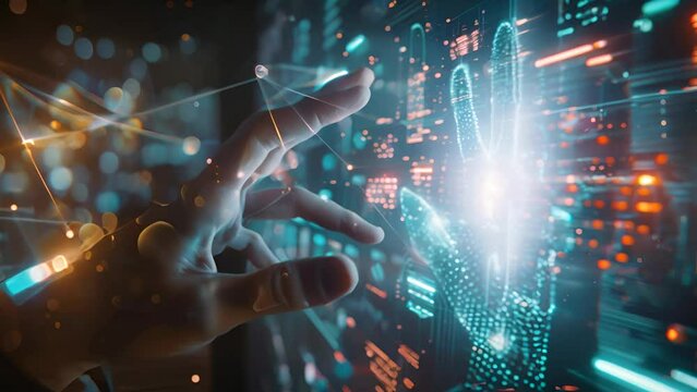 A hand interacts with a futuristic interface, where a touch initiates a dynamic display of virtual security features in a digitally enhanced environment