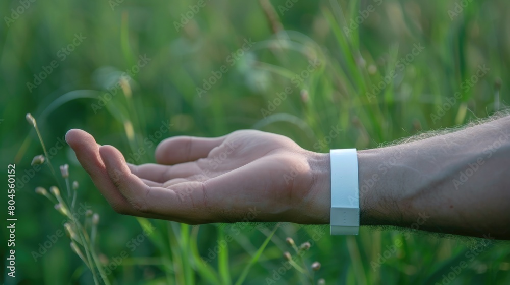 Poster person holding out hand in field of grass, suitable for nature and connection concepts