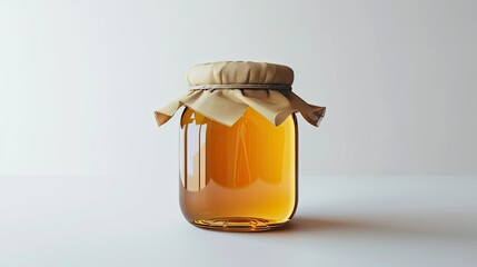 A jar of honey stands alone against a white backdrop