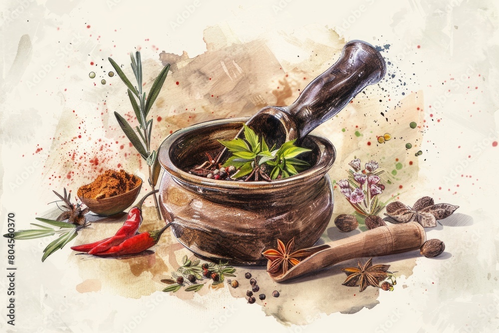 Poster a painting of a mortar filled with various spices and herbs. ideal for culinary and cooking-related 