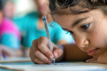 a young girl is writing on a piece of paper with a pen