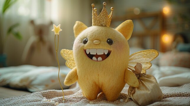 It's National Tooth Fairy Day. A cute tooth fairy with wings, a crown, a magic wand, and teeth in a bag.