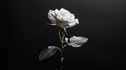 Fototapeta premium A single white rose pops against a sleek black backdrop serving as an eye catching centerpiece for gift cards or web designs perfect for weddings birthdays Valentine s Day or Mother s Day