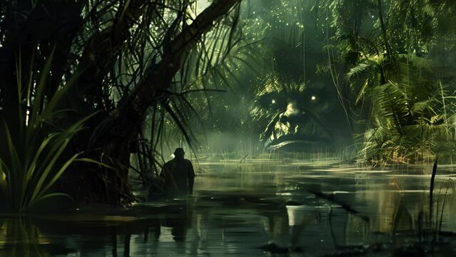 A man is in a swamp with a large, scary monster in the background. Scene is eerie and unsettling