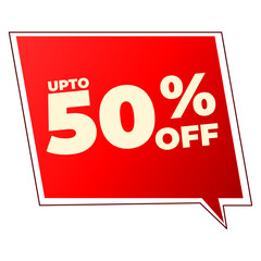 Discount up to 50 percent off on square chat box. Bold Font Label With Text 50% Off. Get up 50% off banner design.