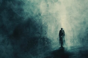A man standing in a misty, atmospheric location. Suitable for various concepts and designs