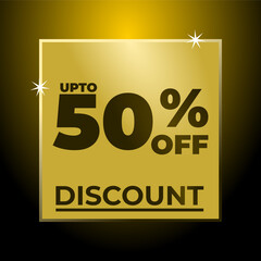 Discount up to 50% off on golden shiny square box. Special offer 50% banner. Sale off discount promotion set made of numbers. 50% percent discount.