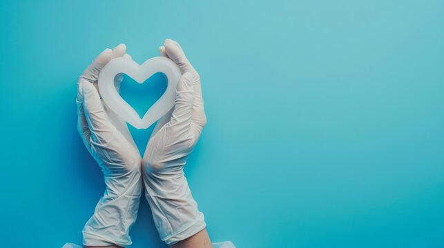 A doctor's hands holding a heart on a blue background.