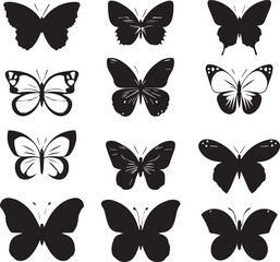 Butterflies silhouette set on white background 