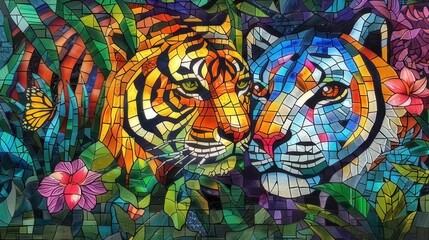 india nature Mosaic, indian jungle and animals, Stained Glass Illusion
