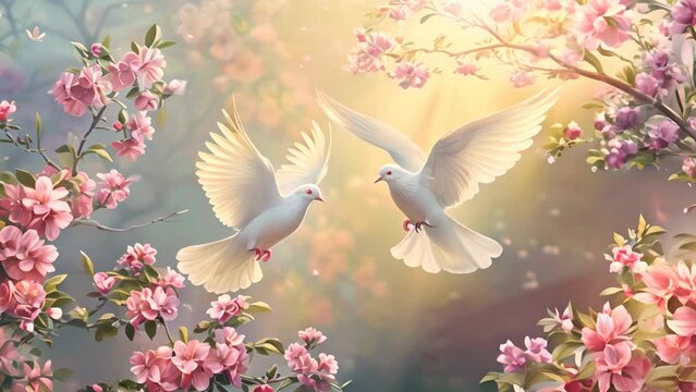 Two white birds are flying in a garden with pink flowers. The birds are in the center of the image and surrounded by the flowers