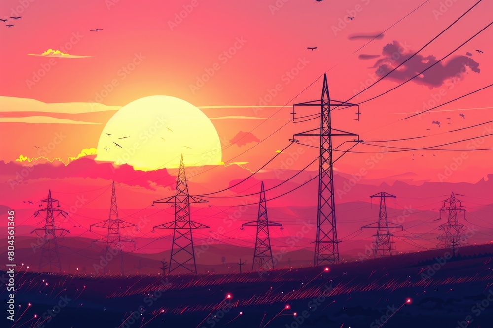 Poster A serene sunset with power lines and birds flying in the sky. Perfect for adding a touch of nature to your designs