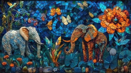 The mosaic of Indian nature, featuring the jungle and its animals, creates a stunning stained glass illusion
