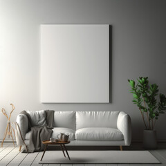 Blank canvas frame mockup on top of sofa with some tree pot deco