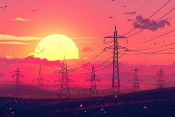 A serene sunset with power lines and birds flying in the sky. Perfect for adding a touch of nature to your designs - Powered by Adobe