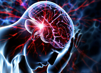 Illustration of understanding stroke and vascular brain issues, brain health.  Virtual man neon  brain,  nerve endings and blood vessels