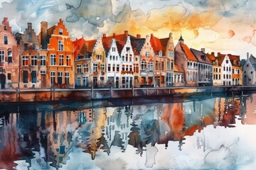 A serene watercolor painting of a city next to a river. Perfect for travel brochures or cityscape posters