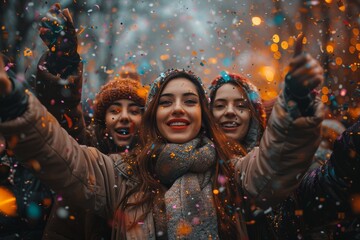 Fototapeta premium Three friends are enjoying a celebration outdoors with colorful confetti in a snowy winter setting