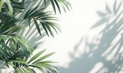 3D rendering of a white wall with shadows and green palm leaves on the left side