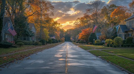 Sunlit autumn street with colorful trees and American flags.