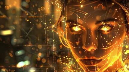 A beautiful woman with robotic elements in her face is surrounded by golden lights and code particles. 