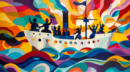 Vibrant Party Boat on Colorful Waves, Joyful People Celebrating at Sea
