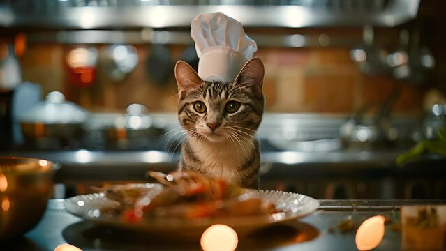 A cat wearing a chef's hat is standing in front of a plate of food. The cat appears to be looking at the camera, possibly waiting for someone to feed it. The scene has a playful and lighthearted mood