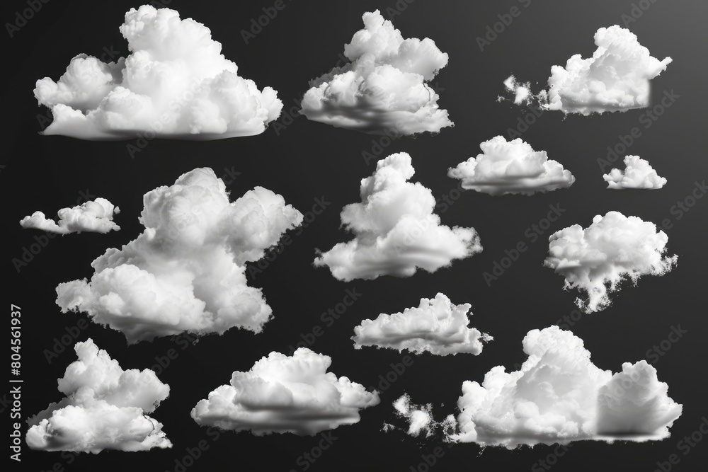 Poster A collection of clouds on a dark, black background. Perfect for adding a dramatic touch to any design project
