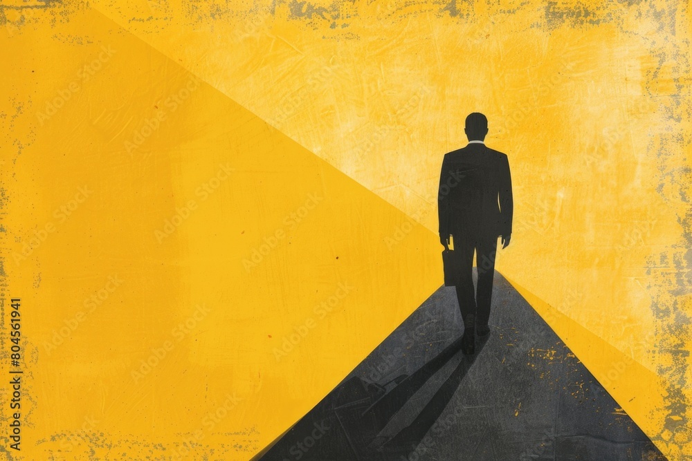 Poster a man in a suit walking down a road. suitable for business and travel concepts