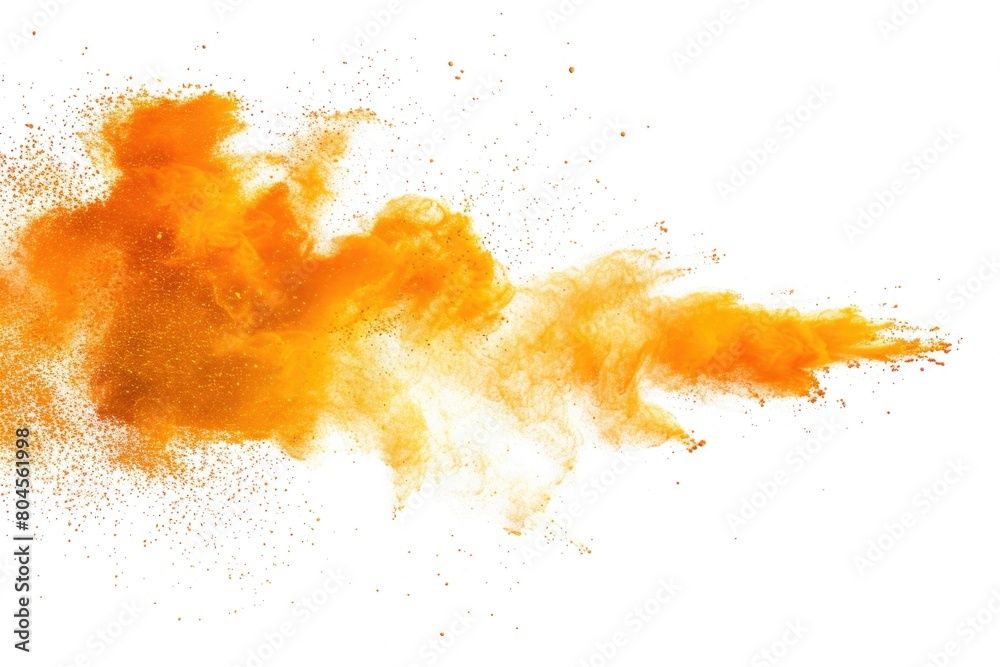 Poster vibrant orange powder exploding on a clean white backdrop. perfect for creative projects or energeti