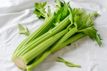 A whole, perfect stalk of celery, its green color vibrant and crisp, centered on a white canvas.
