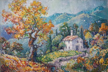 A picturesque painting of a house on a hillside. Ideal for home decor