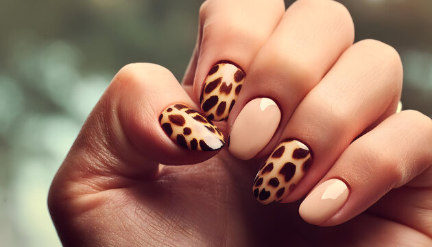 hand, nagel, leoparden, muster, neu, braun, punkte, modern, nagellack, studio, lack, design, lackiert, glasur, design, giraffe, &auml;ngel, nagelstudio, reklame, werbung, close up, copy space