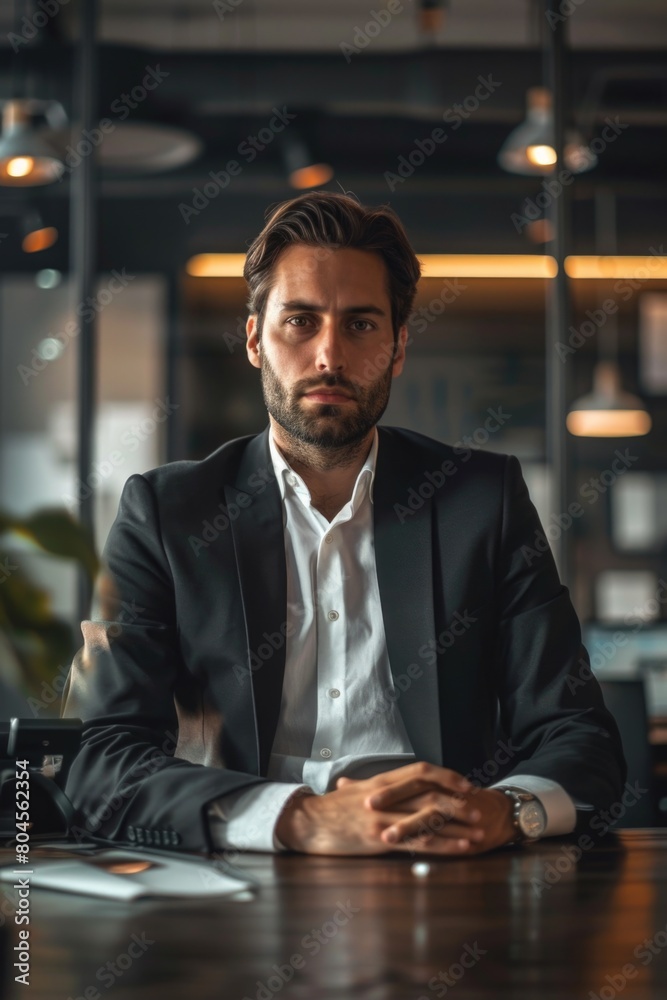 Poster a man in a suit sitting at a table. suitable for business concepts