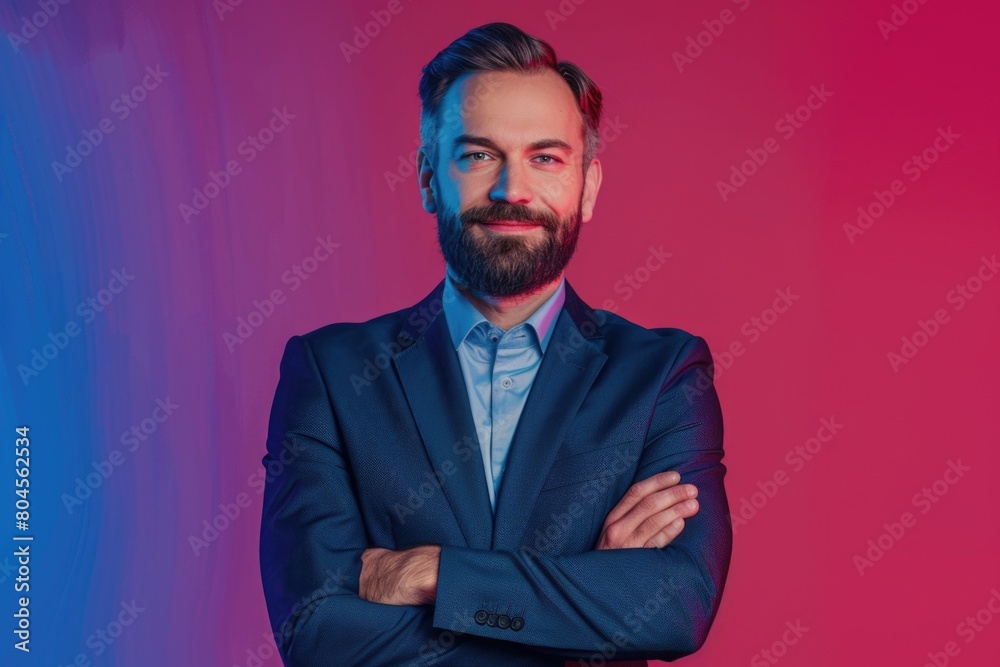 Poster a man with a beard wearing a suit. suitable for business concepts