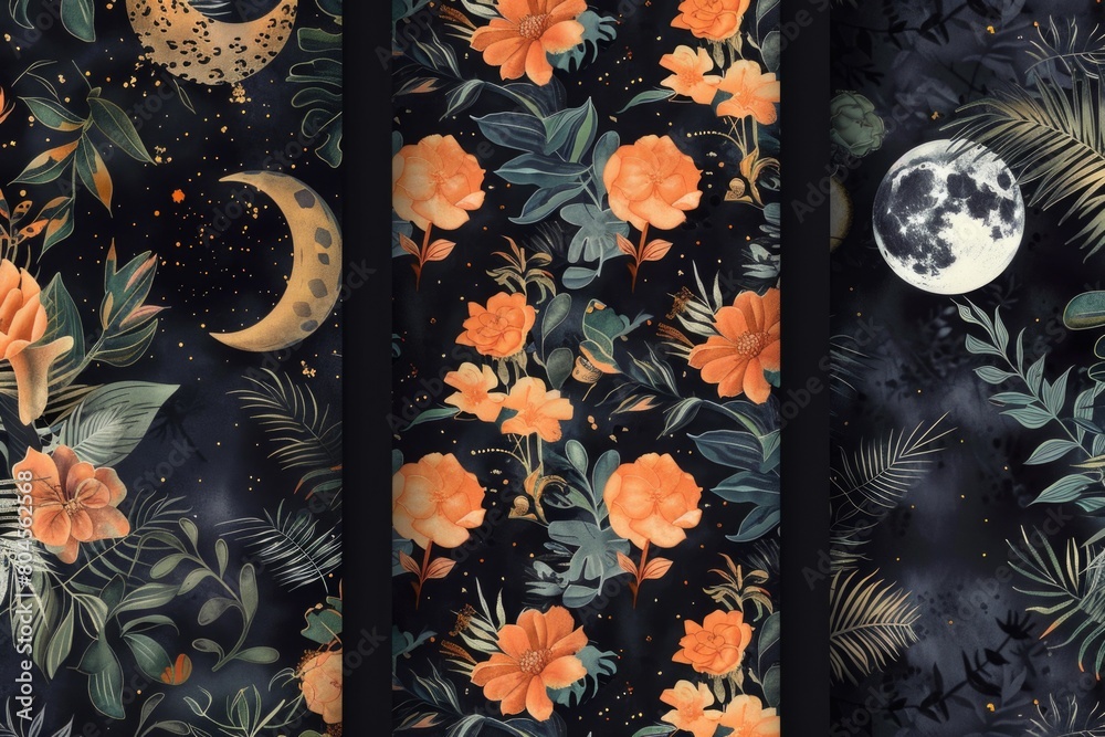 Poster A set of four different patterns featuring flowers and leaves. Ideal for various design projects
