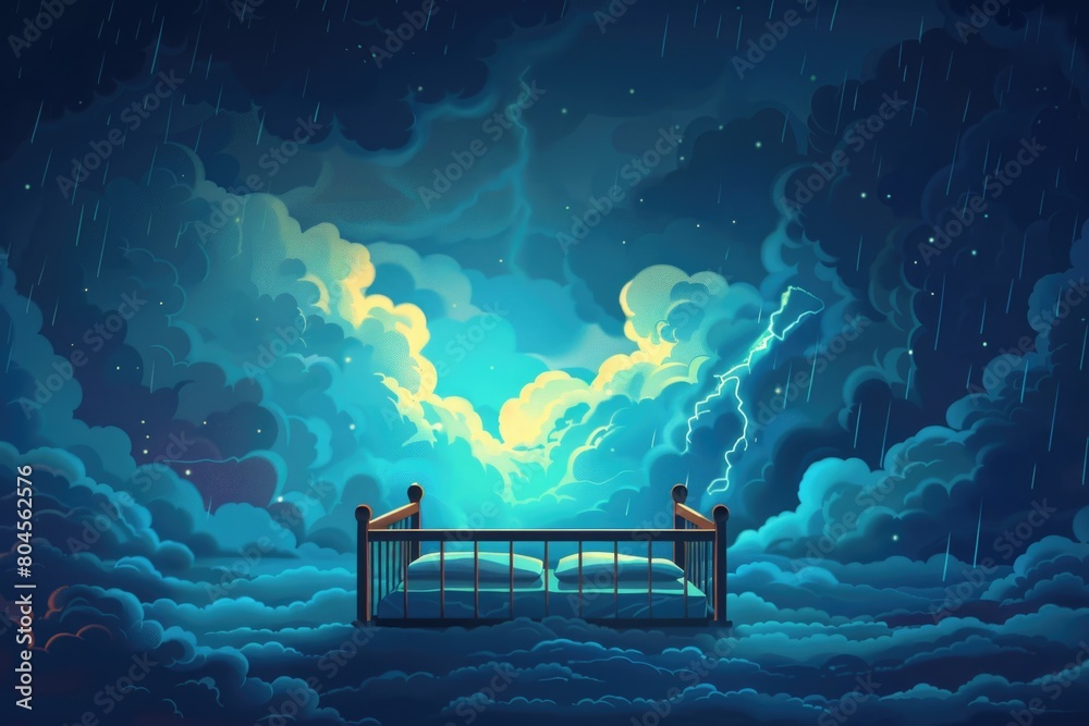 Aufkleber A serene night scene with a bed floating in the clouds. Ideal for dreamy and surreal concepts
